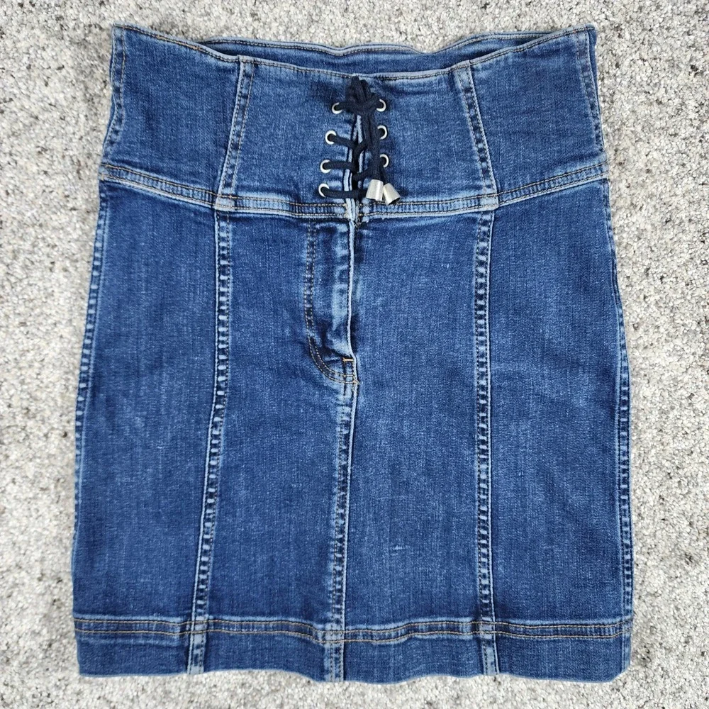 Free People Denim Mini Skirt Women 0 High Rise Lace Up Front Excellent